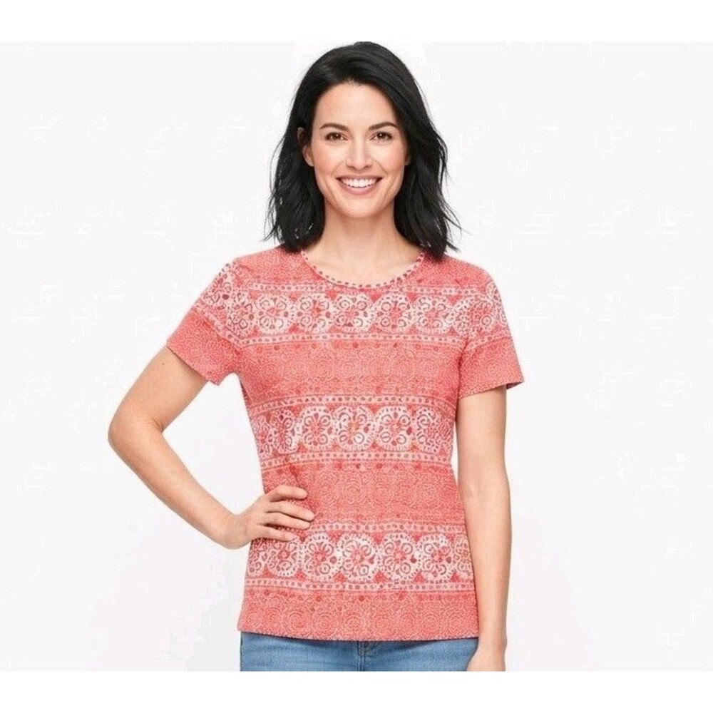 Talbots Womens Tee Top L Pink Paisley Knit Round Neck 3/4 Slv  Stretch Pullover
